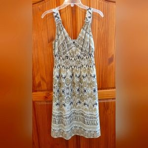 Ethnic Tribal Print Poly Crepe Dress in Earth Tones with Beaded Accents, Lined